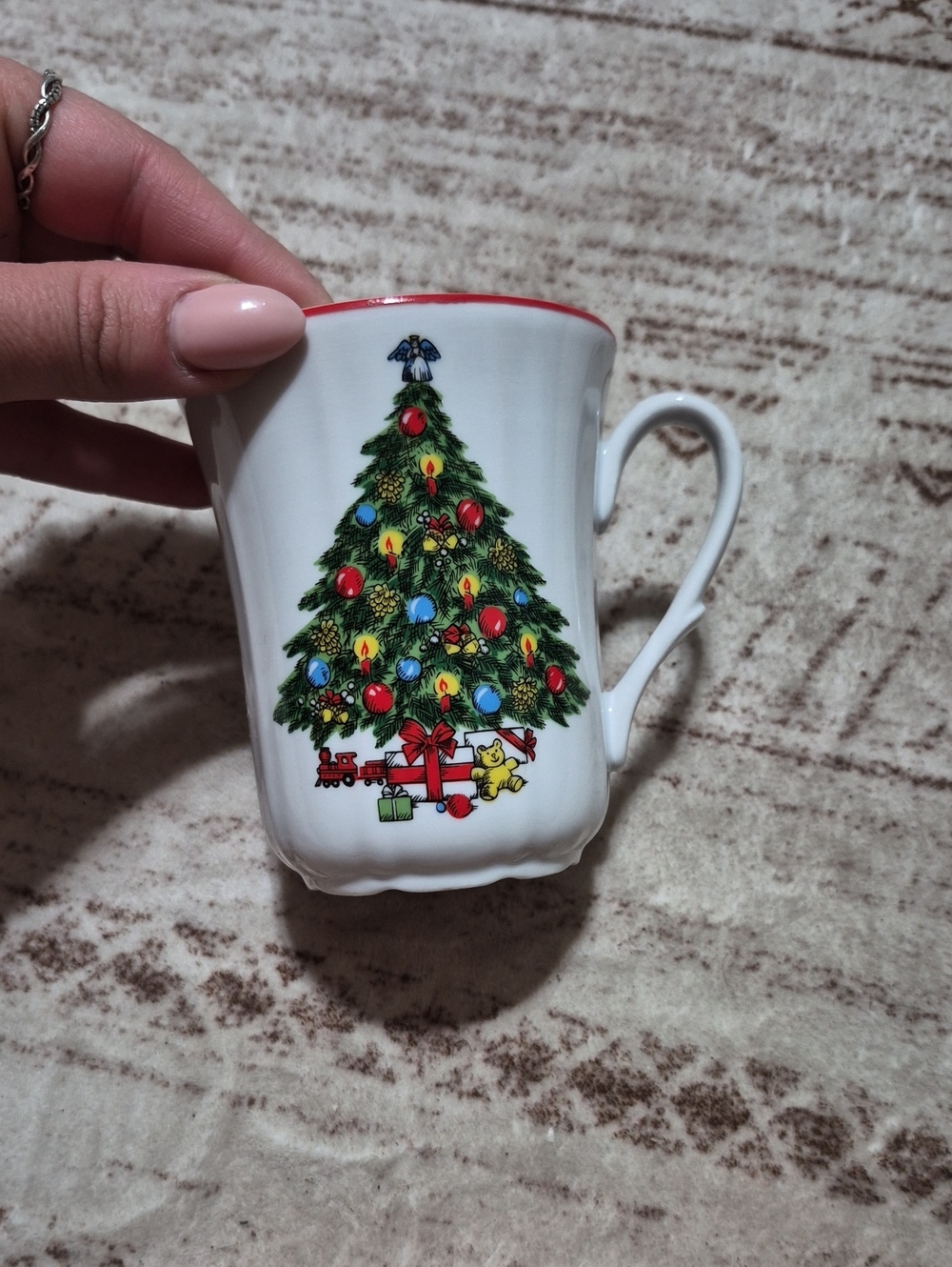 Vintage Holiday Ceramic Mug with Christmas Tree and Red Trim